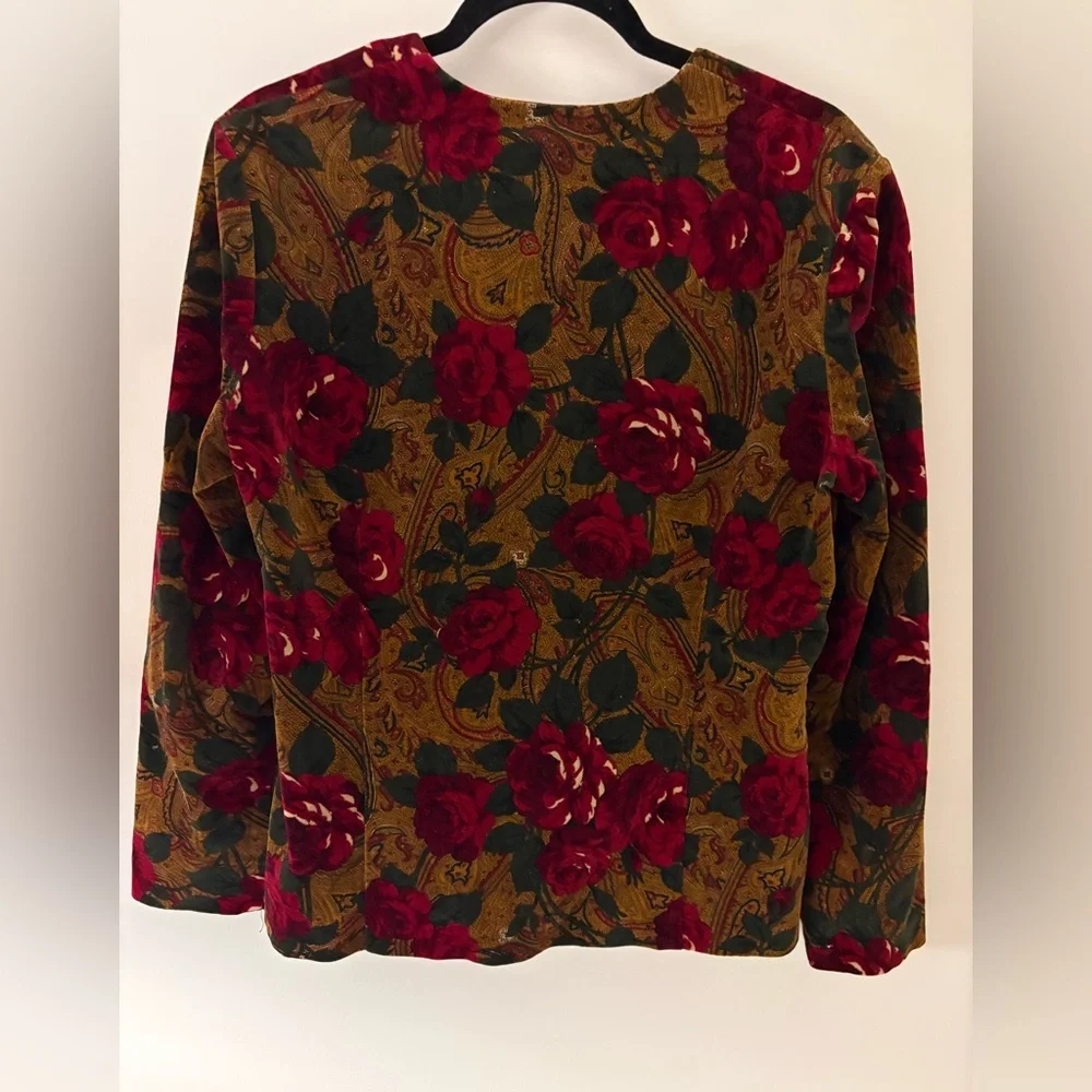 Vintage Tapestry Design Red Yellow Green Floral Velvet Blazer Button Grandmacore